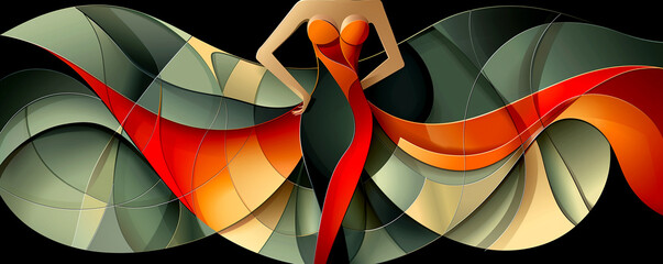 A woman in a red dress is depicted in a colorful, abstract painting - 793075245