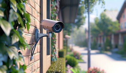 A camera mounted on a wall as part of a cctv security system outside a home. 3D rendering