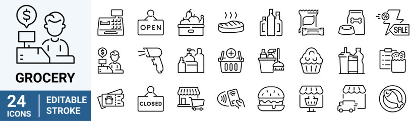 grocery web line icons. Supermarket, milk, cheese, eggs, free delivery, bread, vegetables, fruits. Vector illustration. Editable stroke