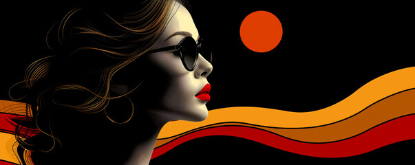 A woman with red lips and sunglasses is looking at the sun - 793075618