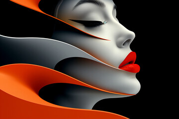 A woman's face is shown in a painting with a red lip and orange hair - 793075621