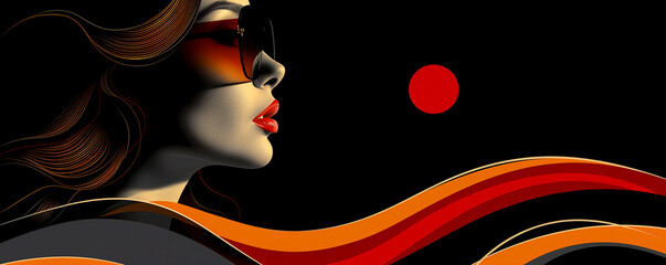 A woman with red lips and sunglasses is looking at a red sun - 793075633