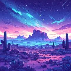 Majestic Mojave Under the Milky Way - Awe-Inspiring Nightscape with Vibrant Colors and Iconic Cacti - obrazy, fototapety, plakaty