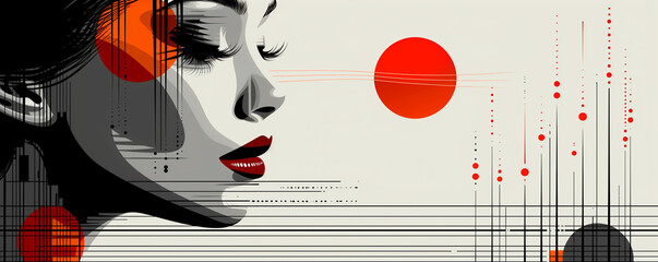 A woman with red lips and a red sun in the background - 793075827