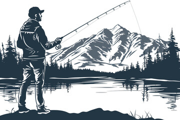 A man is fishing in a lake with mountains in the background - 793075851