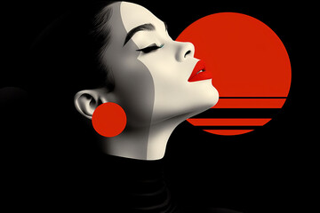 A woman with red lips and red earrings is the main focus of the image - 793075886