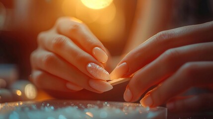 Nail Care. A closeup of hands using a nail file for shaping. AI generate illustration