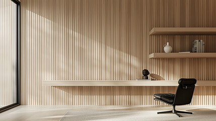 A minimalist study room with light wood and beige walls, featuring vertical strips of textured wall panels A black chair sits on the right side in front of an empty shelf