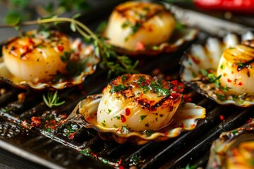 Grilled Scallops with Chilli and Herb Garnish. Generative AI.
