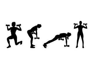 Women exercise with dumbbells. Silhouette of women, doing exercise with a dumbbell, squad, practicing yoga. Gym woman silhouette white background.