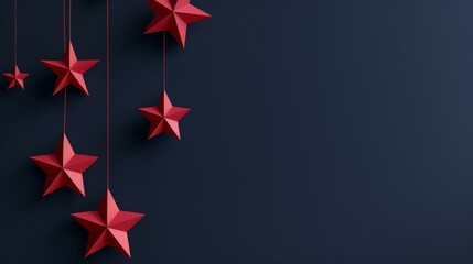 Minimalistic red stars hanging on navy background; 4th July promos, trendy in design and color. - obrazy, fototapety, plakaty