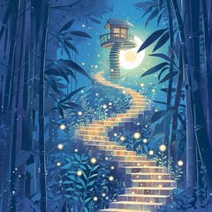 Illuminated Forest Escape - Winding Steps Leading to an Enchanted Pagoda at Dusk