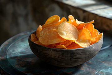 Crispy Golden Potato Chips in a Wooden Bowl on Dark Background