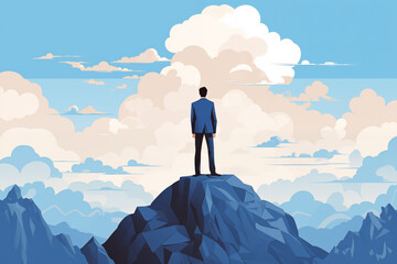 Business graphic vector modern style illustration of a business person on a mountain top representing conquering achievement progression overcoming hitting new goals or targets