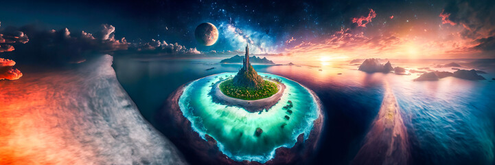 island aerial view with a high building with skyline and sunlight sunset and planet in ocean