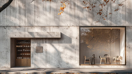 a minimal concept space facade made of concrette, one door and coffee window