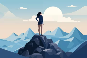 Tuinposter Business graphic vector modern style illustration of a business person on a mountain top representing conquering achievement progression overcoming hitting new goals or targets © James