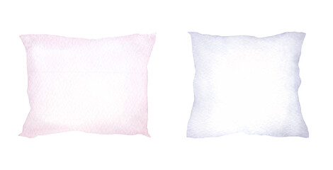 Watercolor illustration of a set of pillows in blue and pink isolated on a white background, hand-drawn. Bedding for sleeping. A decorative element for design, decoration with a place for text