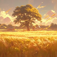 A captivating pastoral scene with a sun-dappled field of ripe crops and an ancient tree, offering a sense of tranquility and abundance. - obrazy, fototapety, plakaty