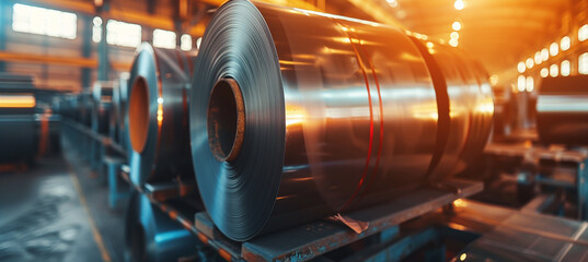 Industrial production concept. Sheet metal in rolls at the factory. Steel industry concept. Factory rental