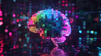 A three-dimensional illustration of the human brain, made in the form of multi-colored LED squares. - obrazy, fototapety, plakaty