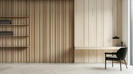 A minimalist study room with light wood and beige walls, featuring vertical strips of textured wall panels A black chair sits on the right side in front of an empty shelf - obrazy, fototapety, plakaty