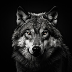 Fototapeta premium wolf 4k portrait high contrast hard lighting with dark background сreated with Generative Ai