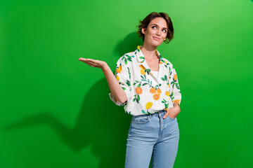 Photo of gorgeous cute girl wear stylish clothes arm presenting empty space mockup novelty isolated on green color background