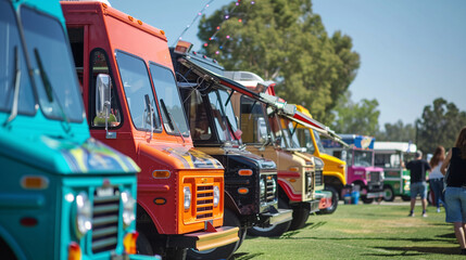 A lot of colorful food trucks are parked on a lawn for food truck festival with crowd in the noon.