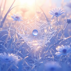 Nature's Spectacle - A Dewdrop Sparkles on a Spun Lace, Adorning the Heart of a Glistening Meadow