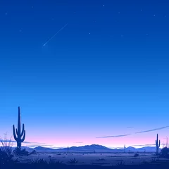 Fototapeten A breathtaking desert scene at dusk with a twinkling star in the sky, cacti silhouetted against a vibrant blue horizon, and majestic mountains in the distance. © RobertGabriel