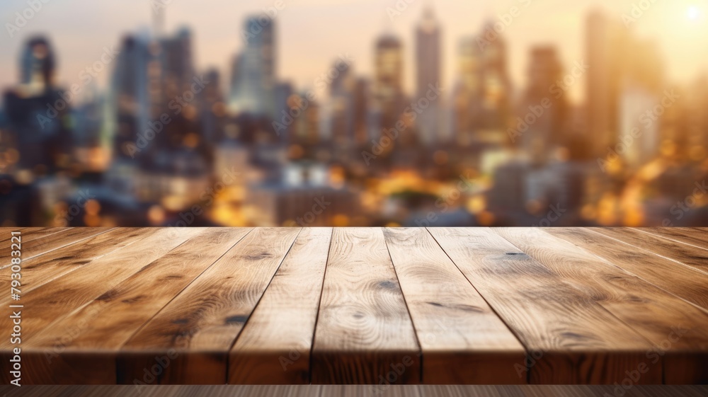 Poster the empty wooden table top with blur background of cityscape. exuberant image. generative ai