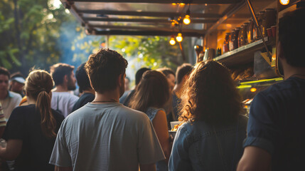 Crowd people are gathering in front of the food truck, waiting for food in the evening in a food truck fair.