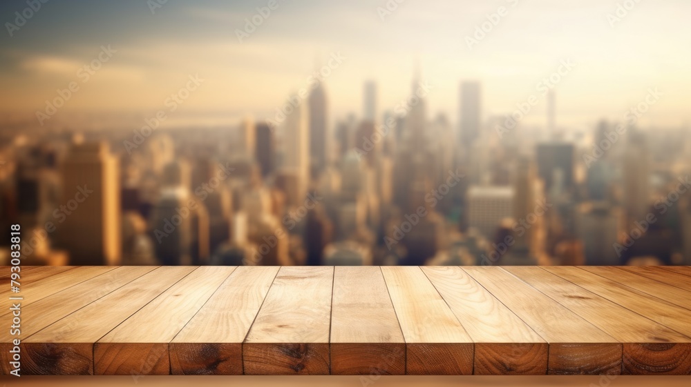 Poster the empty wooden table top with blur background of cityscape. exuberant image. generative ai