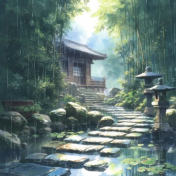 Breathtakingly Serene East Asian Traditional Setting with Rainswept Bamboos and Tranquil Ponds