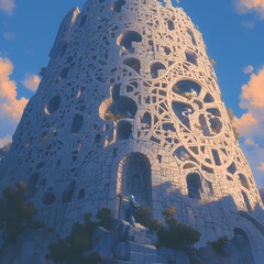 Ancient Granite Fortress with Sculpted Architecture and Towering Walls Under a Soft Blue Sky - obrazy, fototapety, plakaty