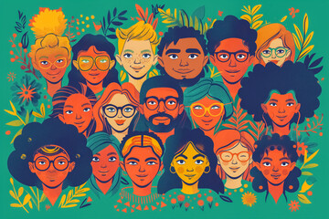 Creative illustration of groupe portrait of diverse multi ethnic modern people. Community and social interaction.