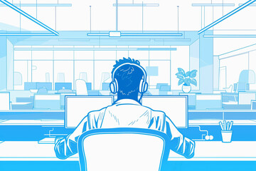 White and blue coloured illustration of man office worker sitting at the desk and working on computers. Rear view.