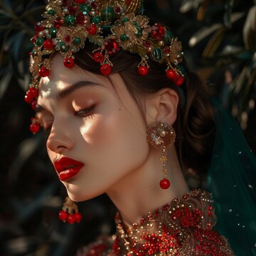 Una encantadora chica con labios muy rojos y una corona de flores tradicional