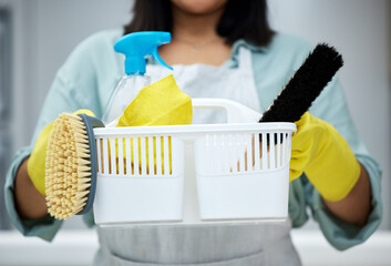 Hands, cleaner or woman with basket, supplies or spray bottle for bacteria, wellness or dirty mess...