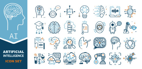 Hand-drawn Icon Set Artificial Intelligence and Technology - Including Assistant - Science - Education - Robotics and More