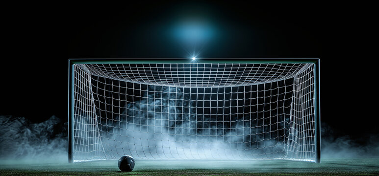 Creative sports photo of soccer goal with net and soccer ball on dark background with smoke or smog.