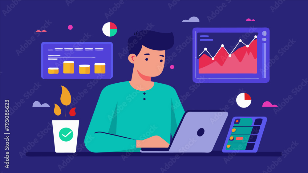 Poster a man using an aipowered app to track his stock portfolio and make informed trading decisions..