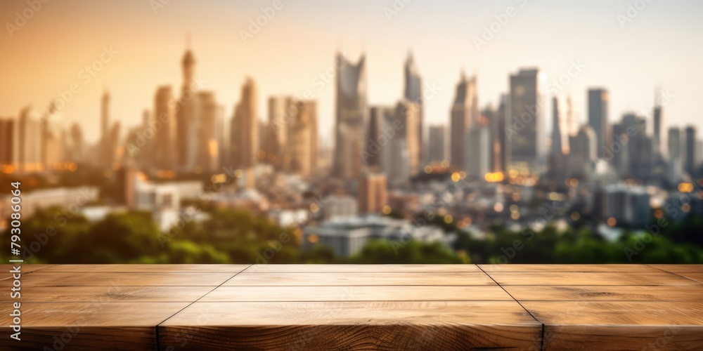 Poster the empty wooden table top with blur background of city skyline. exuberant image. generative ai