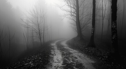 A foggy forest road with trees in the background. The road is wet and muddy, and the trees are bare. Scene is eerie and mysterious, as the fog and the bare trees create a sense of isolation and unease