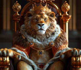 A lion is sitting on a throne with a crown on his head. The lion is wearing a golden robe and has a regal appearance