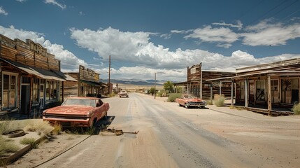 Weathered Main Street in a Forgotten Desert Ghost Town Capturing the Eerie Atmosphere of a Bygone Era