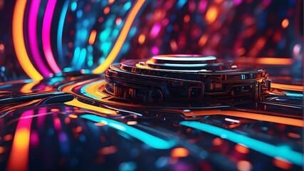A photorealistic image of a radial, bright-colored abstract background in a futuristic cyberpunk design. The image should capture the intricate details and vibrant colors of the abstract elements. - obrazy, fototapety, plakaty