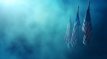 Happy Veterans Day background, American flags against a blue fog background, November 11, American flag Memorial Day, 4th of July, Labour Day, Independence Day. Ai generated  - obrazy, fototapety, plakaty