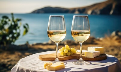 Glasses of white wine and cheese on the table against the backdrop of a seascape.